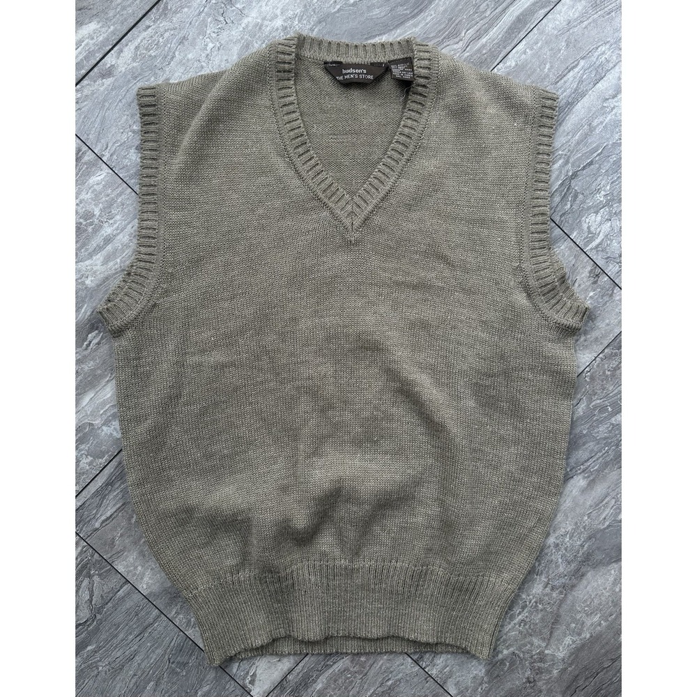 Vintage Hudson's Men's Store Sweater Vest Large Taupe V-Neck Acrylic Knit